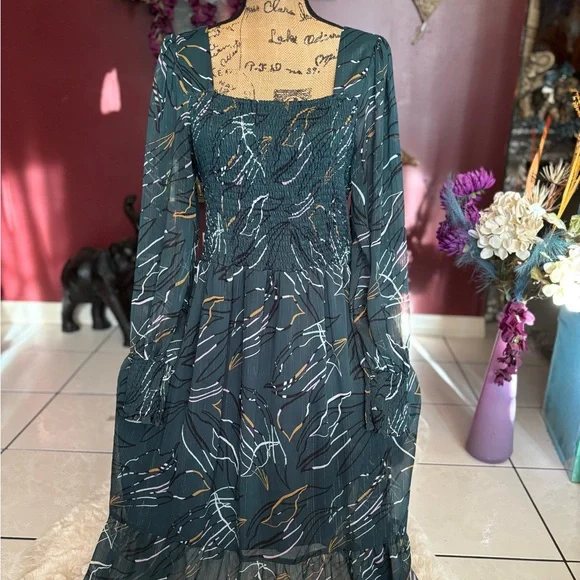 Nine West Teal Patterned Long Sleeve Dress - Picture 1 of 7